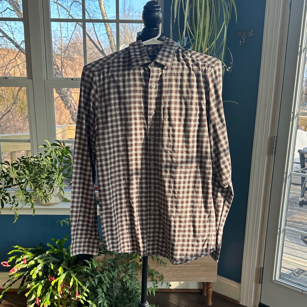 👔Apt. 9 Premier Flex Brown & White Plaid Button-Up Shirt – Size Small